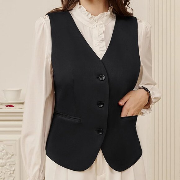 Women Suit Vest Dressy Button Down Waistcoat Pockets Business Casual - Picture 2 of 6